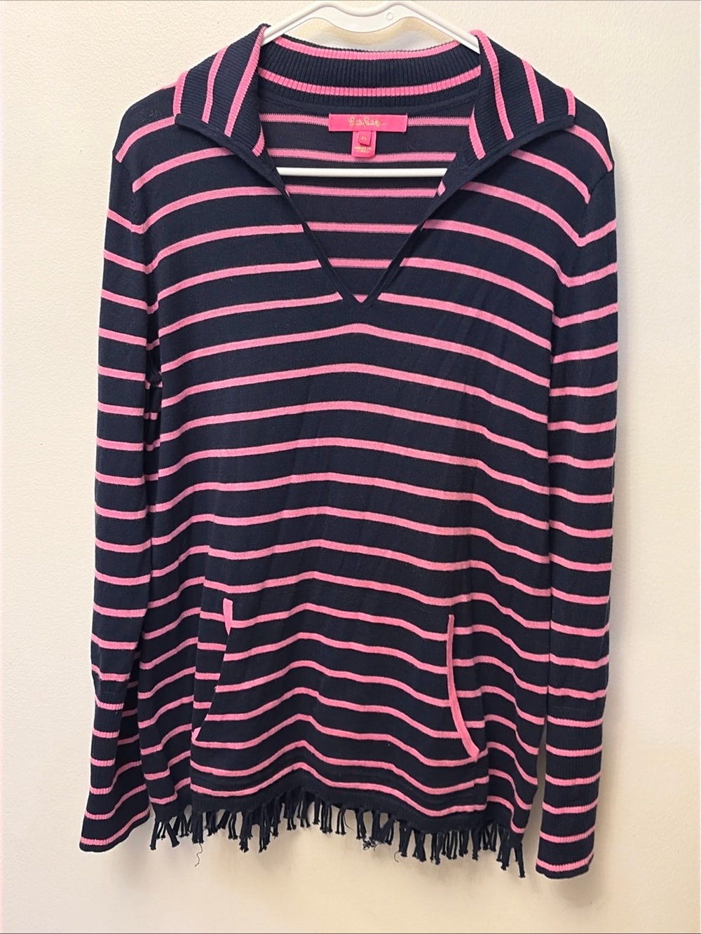 LILLY PULITZER- Crestwood Sweater Pink Navy Blue Maritime Striped Tassel Sz M